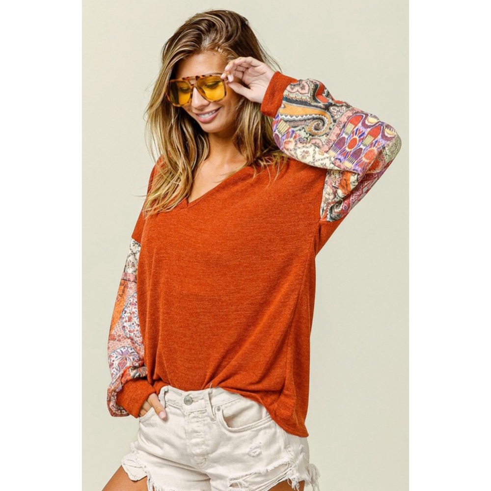 NEW! Bibi V Neck Rust Butter Soft Top w/Patchwork Sleeves! - Picture 5 of 10